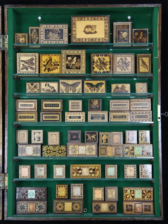 A collection of Tunbridge ware boxes, cabinet 24in.